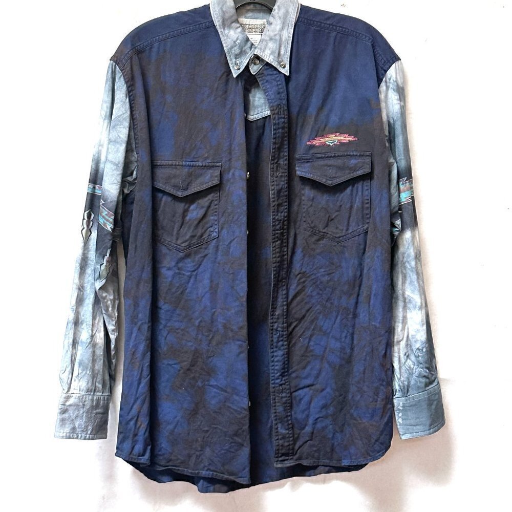 Express Riders Western Shirt Tie Dyed Shacket Rodeo Size Medium Blue Aztec Dyed